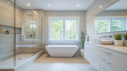Fototapeta premium A bright and elegant bathroom with a rainfall shower, a sleek freestanding tub by a window, and minimalist white decor. Natural light highlights the design