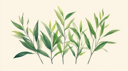 Watercolor painting of green leaves and branches.