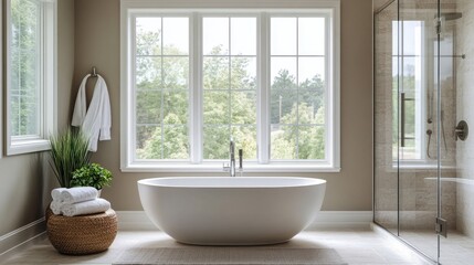 A chic bathroom featuring a modern bathtub near a panoramic window, a glass-enclosed shower, and soft, neutral decor. Subtle details complete the look