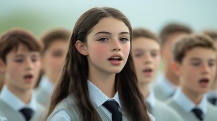 Fototapeta premium Girl Sings With Choir In Uniforms