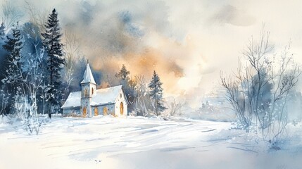 A picturesque setting showcases a charming church nestled among snow-covered trees. The warm glow from the windows contrasts beautifully with the winter landscape