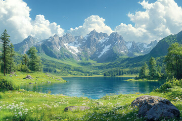 Fototapeta premium Serene Mountain Lake with Lush Green Meadows and Snow Capped Peaks
