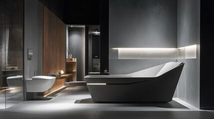 A contemporary gray bathroom with warm wooden elements, a minimalist toilet, and a sleek built-in bathtub. Subtle lighting creates a relaxing ambiance