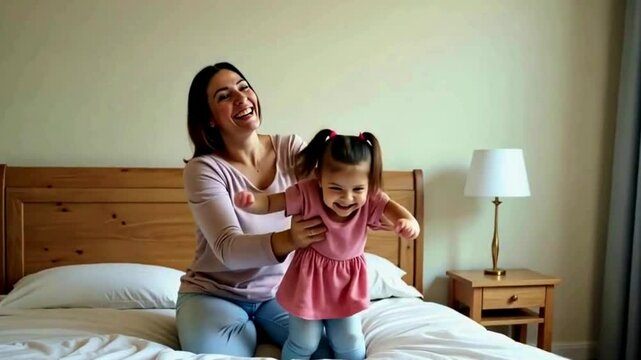 Active playtime. An overjoyed millennial mom and her little preschool daughter have fun on a big bed on a weekend morning, doing funny exercises and pretending to fly an airplane as mommy lifts the ex
