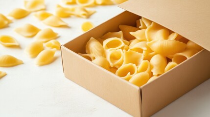 Cardboard Box of Uncooked Pasta Shells on White Background