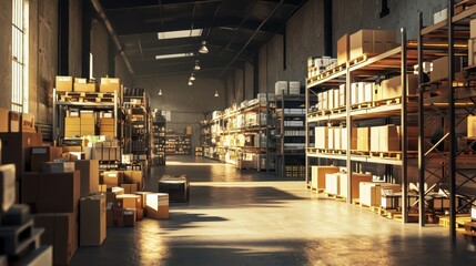 Brightly lit warehouse with shelves stacked high with boxes. Sunlight streams through large windows, enhancing the atmosphere of efficiency and productivity during the afternoon