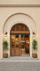 Bakery Exterior Design Showcasing Arched Doorway with Rustic Decor