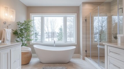 A cozy bathroom with a white freestanding tub placed by a large window, a minimalist shower, and soft lighting. Neutral tones create a relaxing retreat