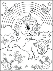 Illustration of a cute baby unicorn cartoon character. Black and white Printable Unicorn coloring page for kids.