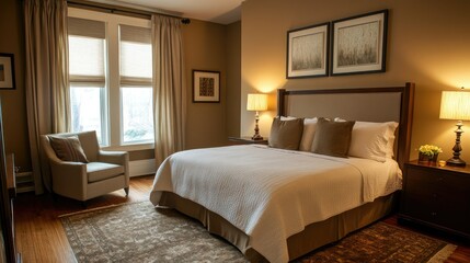 A cozy bedroom in a boutique hotel featuring neutral tones, soft lighting, and modern furniture. Stylish accents add a touch of sophistication