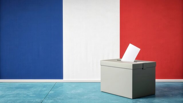 Ballot Box Receiving Votes in Front of French Tricolor Flag