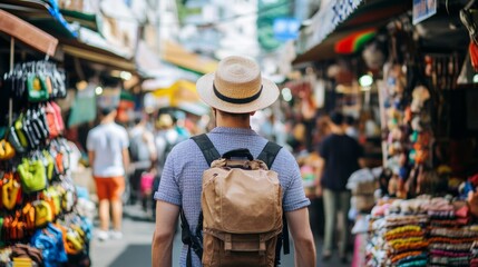 Fototapeta premium A traveler exploring a vibrant street market in a foreign country, Cultural immersion theme, Lively style
