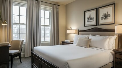 Fototapeta premium A cozy boutique hotel room with a double bed, layered textiles, and modern lighting. Neutral tones create a calming and inviting atmosphere