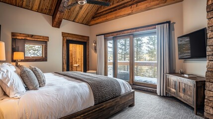 Fototapeta premium A hotel room with a serene ambiance, featuring a king bed, neutral tones, and soft textures. A wall-mounted TV and cozy lighting complete the space