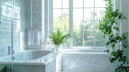 Fototapeta premium A luxurious bathroom with white marble walls, a glass shower, and a bathtub near a bright window. Greenery and soft lighting enhance the elegant design