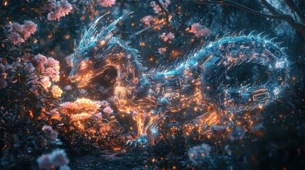 A robotic dragon roams a flower garden filled with vivid blooms as dusk falls, illuminated by soft glowing lights and intricate patterns across its metallic body
