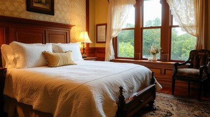A luxurious hotel room with a king-size bed, crisp white linens, and elegant decor. A large window offers a scenic view, creating a peaceful retreat