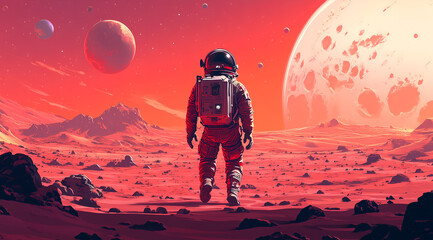 Fototapeta premium An astronaut walks on the surface of Mars, surrounded by stars and space in a black background