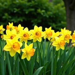 Obraz premium Dense cluster of daffodils, lush green backdrop, flowers, daffodils