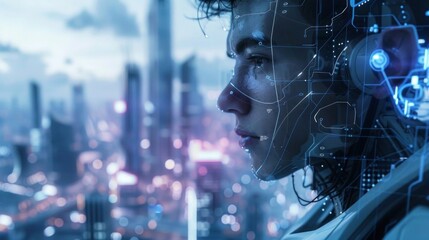 Fototapeta premium a handsome man with robotic enhancements. A futuristic and beautiful city is in the background. It is day time.