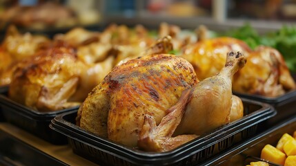 Roasted Chickens Displayed for Sale at Local Supermarket