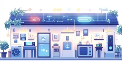 Smart home technology illustration showing interconnected devices and appliances.