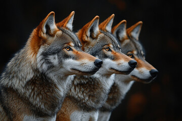 Fototapeta premium Three Majestic Wolves Standing in a Row