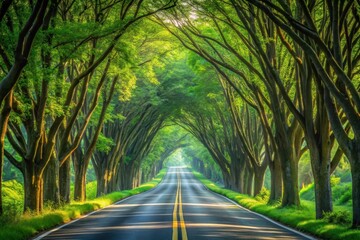 Obraz premium Serene asphalt path bordered by a verdant canopy of trees creating a natural tunnel-like effect under the sun's rays