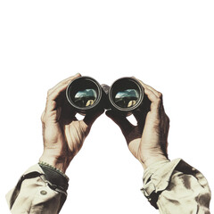 Contemporary artistic collage depicting hands holding binoculars against isolated on transparent or white background with space for text