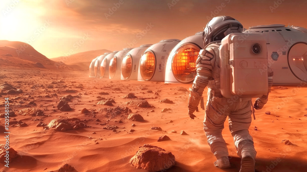 Canvas Prints astronaut exploring a martian landscape with habitat modules