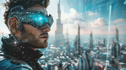 a handsome man with robotic enhancements. A futuristic and beautiful city is in the background. It is day time.