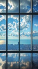 A panoramic view from a modern skyscraper showcasing vibrant clouds and city skyline.