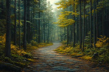 Fototapeta premium Forest Path Winding Through Tall Trees With Autumnal Hues