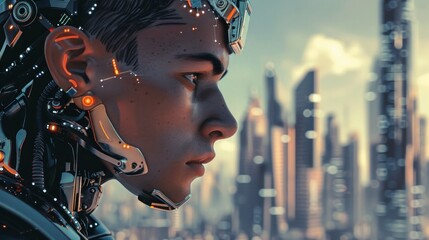 a handsome man with robotic enhancements. A futuristic and beautiful city is in the background. It is day time.
