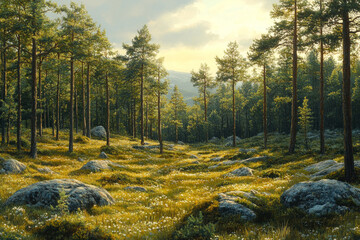 Fototapeta premium Sunlit Pine Forest Meadow with Scattered Rocks