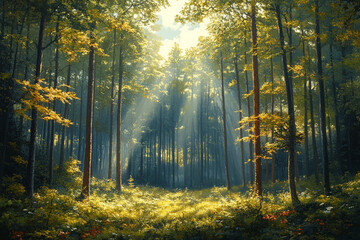 Obraz premium Sunbeams Illuminate A Serene Forest Scene