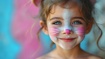 Young caucasian girl with colorful face paint smiling in brightly colored setting
