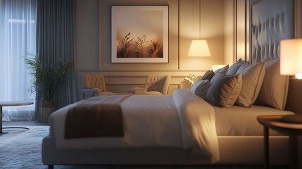 Fototapeta premium A serene hotel room with a neutral color palette, soft lighting, and a plush bed. Elegant furniture and decor complete the cozy atmosphere