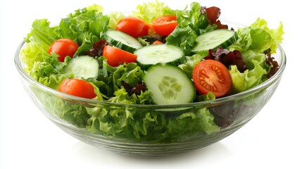 Fresh Green Salad with Cherry Tomatoes and Cucumbers in Glass Bowl