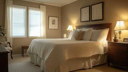 A serene hotel room with a neutral color palette, soft lighting, and a plush bed. Elegant furniture and decor complete the cozy atmosphere