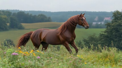 Obraz premium Majestic Chestnut Horse Galloping Across Lush Green Pasture Rural Landscape