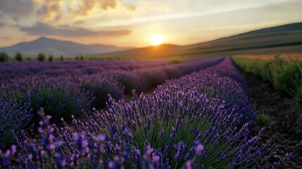 Fototapeta premium Vibrant lavender flowers blanket the landscape under a golden sunset. Rolling hills and mountains create a serene backdrop as the day transitions to night