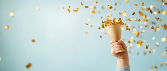 A hand holds a golden trophy aloft, surrounded by confetti against a light blue background, celebrating a significant achievement or victory.
