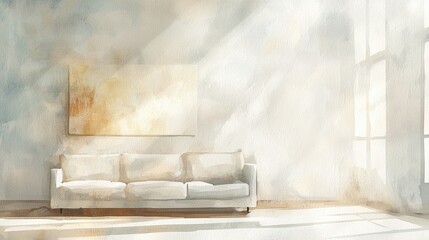 A spacious living room features a light-colored sofa positioned against a softly illuminated wall. Natural light filters through large windows, creating a serene atmosphere