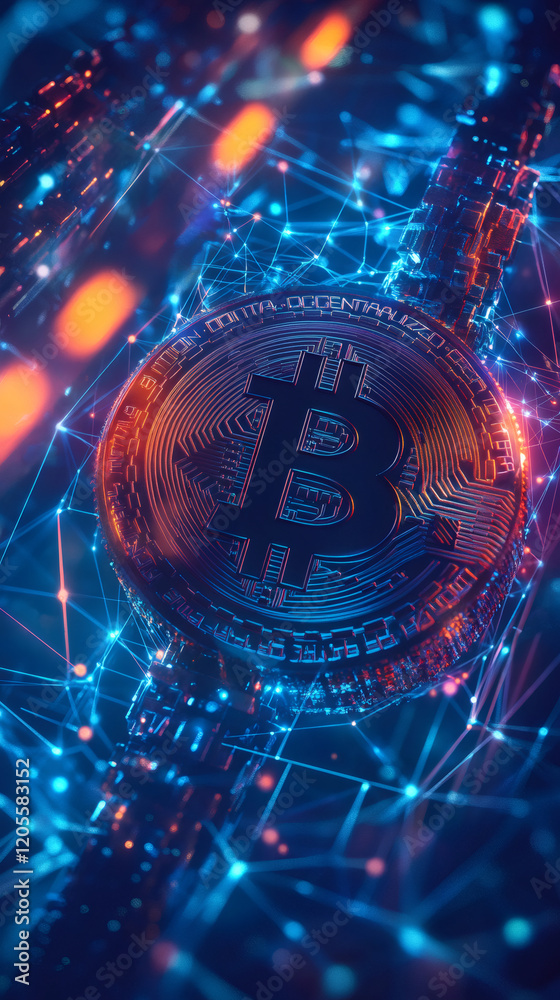 Fototapete Bitcoin cryptocurrency coin rotating and connecting in cyberspace, blockchain technology and decentralized finance concept