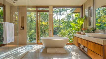 Fototapeta premium A stylish light bathroom featuring a frameless glass shower, a freestanding tub near a window, and natural tones. Large windows bring in sunlight