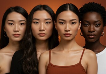 Obraz premium A group of women with different skin types in casual clothes, posing closely and looking directly at the camera with serious expressions against a warm orange background
