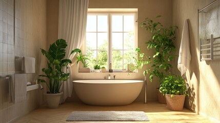 Fototapeta premium A tranquil bathroom design with a modern shower, a bathtub near a bright window, and neutral beige tones. Green plants add a natural touch to the airy space