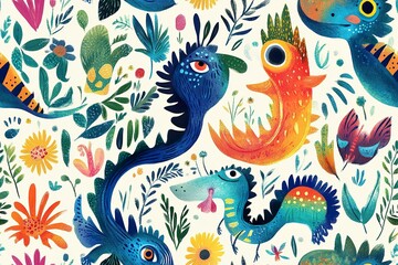 Obraz premium Whimsical Creatures Amidst Vibrant Floral Paradise