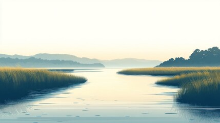 Fototapeta premium Serene sunrise over calm river with reeds.